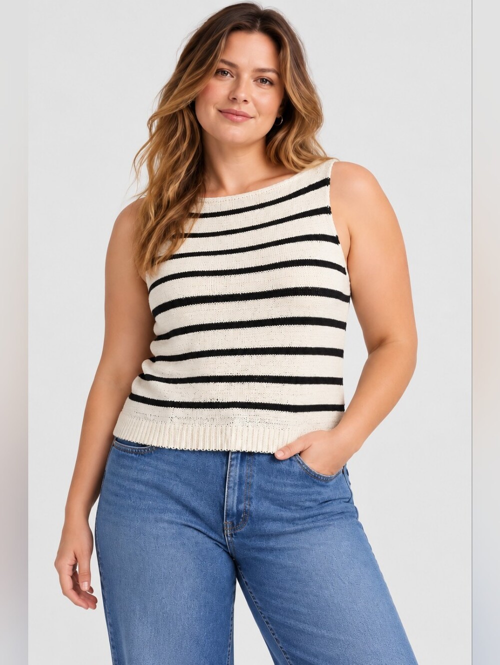 Madewell Boatneck Sweater Tank – Ivory & Black Stripe – XL